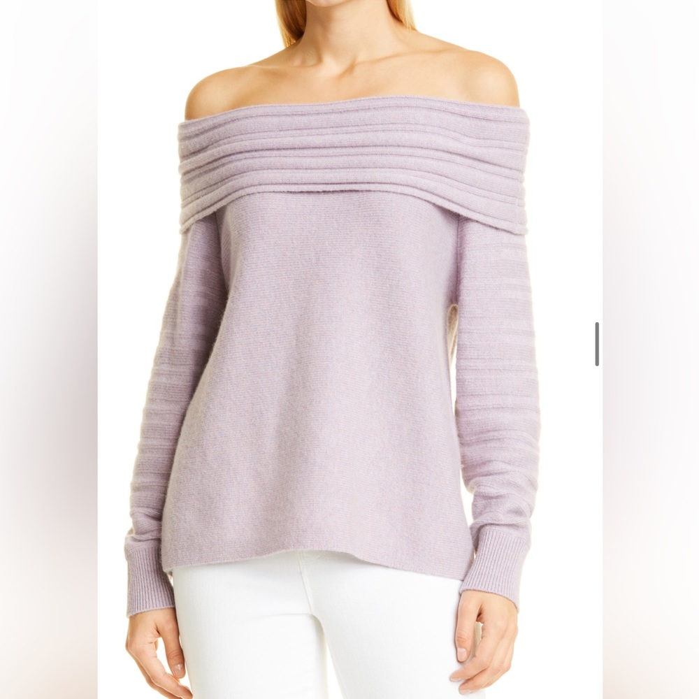 NEW Naadam Wool Cashmere Ribbed Off the Shoulder Sweater in Heathered Purple